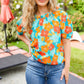 Vacay Ready Blue & Orange Floral Frill Mock Neck Top