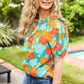 Vacay Ready Blue & Orange Floral Frill Mock Neck Top