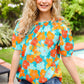 Vacay Ready Blue & Orange Floral Frill Mock Neck Top