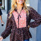 Black Floral Beaded Tie Peasant Woven Blouse