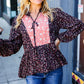 Black Floral Beaded Tie Peasant Woven Blouse