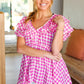 Hello Beautiful Fuchsia Plaid V Neck Ruffle Elastic Babydoll Top