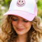 Baby Pink Glitter Smiley Face Mesh Trucker Hat