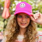 Neon Pink Glitter Smiley Face Mesh Trucker Hat