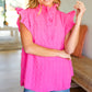 Glamorous In Hot Pink Textured Ruffle Mock Neck Top