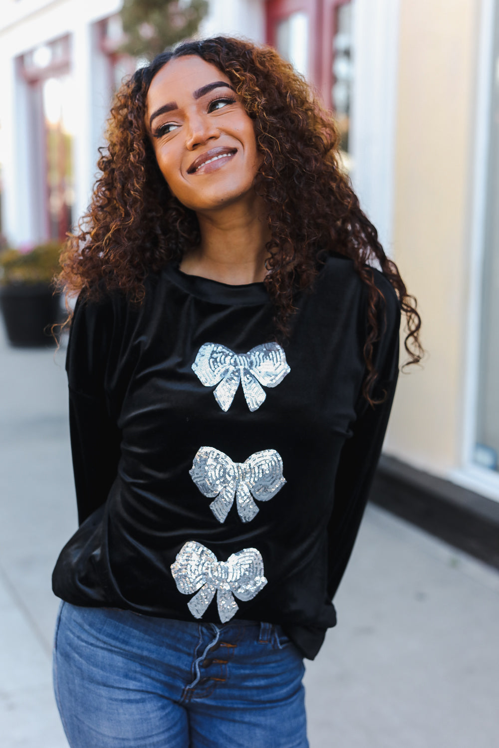 Home For The Holiday Silver Sequin Bow Velvet Pullover Top