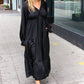 Elegant Black Elastic V Neck Tiered Satin Maxi Dress