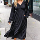 Elegant Black Elastic V Neck Tiered Satin Maxi Dress