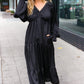 Elegant Black Elastic V Neck Tiered Satin Maxi Dress