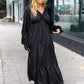 Elegant Black Elastic V Neck Tiered Satin Maxi Dress