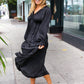 Elegant Black Elastic V Neck Tiered Satin Maxi Dress