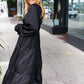 Elegant Black Elastic V Neck Tiered Satin Maxi Dress