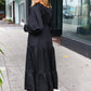 Elegant Black Elastic V Neck Tiered Satin Maxi Dress