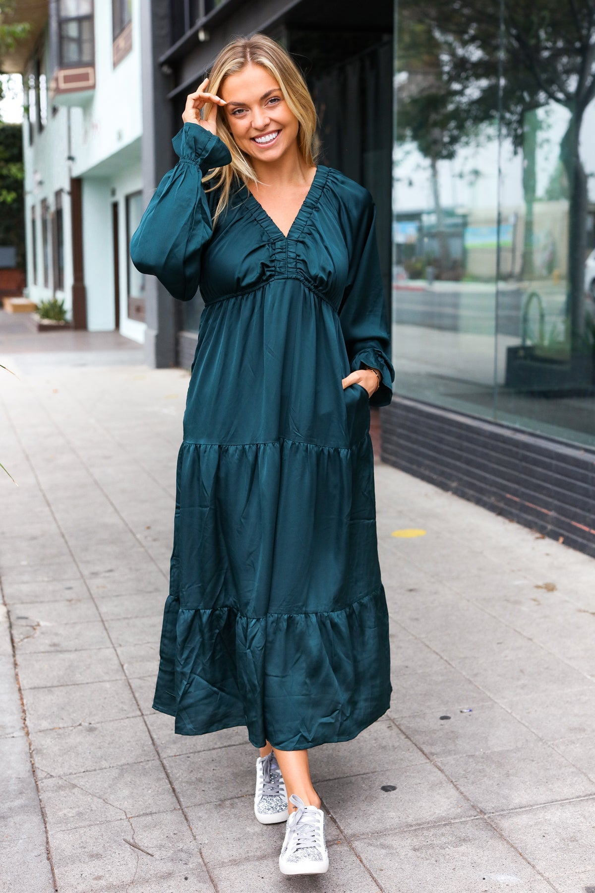 Elegant Hunter Green Elastic V Neck Tiered Satin Maxi Dress