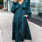 Elegant Hunter Green Elastic V Neck Tiered Satin Maxi Dress