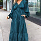 Elegant Hunter Green Elastic V Neck Tiered Satin Maxi Dress