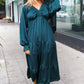 Elegant Hunter Green Elastic V Neck Tiered Satin Maxi Dress