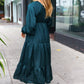 Elegant Hunter Green Elastic V Neck Tiered Satin Maxi Dress