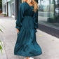 Elegant Hunter Green Elastic V Neck Tiered Satin Maxi Dress