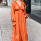 Elegant Rust Elastic V Neck Tiered Satin Maxi Dress