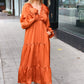 Elegant Rust Elastic V Neck Tiered Satin Maxi Dress