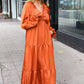 Elegant Rust Elastic V Neck Tiered Satin Maxi Dress