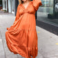 Elegant Rust Elastic V Neck Tiered Satin Maxi Dress