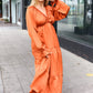 Elegant Rust Elastic V Neck Tiered Satin Maxi Dress