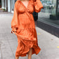 Elegant Rust Elastic V Neck Tiered Satin Maxi Dress