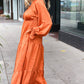 Elegant Rust Elastic V Neck Tiered Satin Maxi Dress