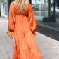 Elegant Rust Elastic V Neck Tiered Satin Maxi Dress