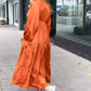 Elegant Rust Elastic V Neck Tiered Satin Maxi Dress