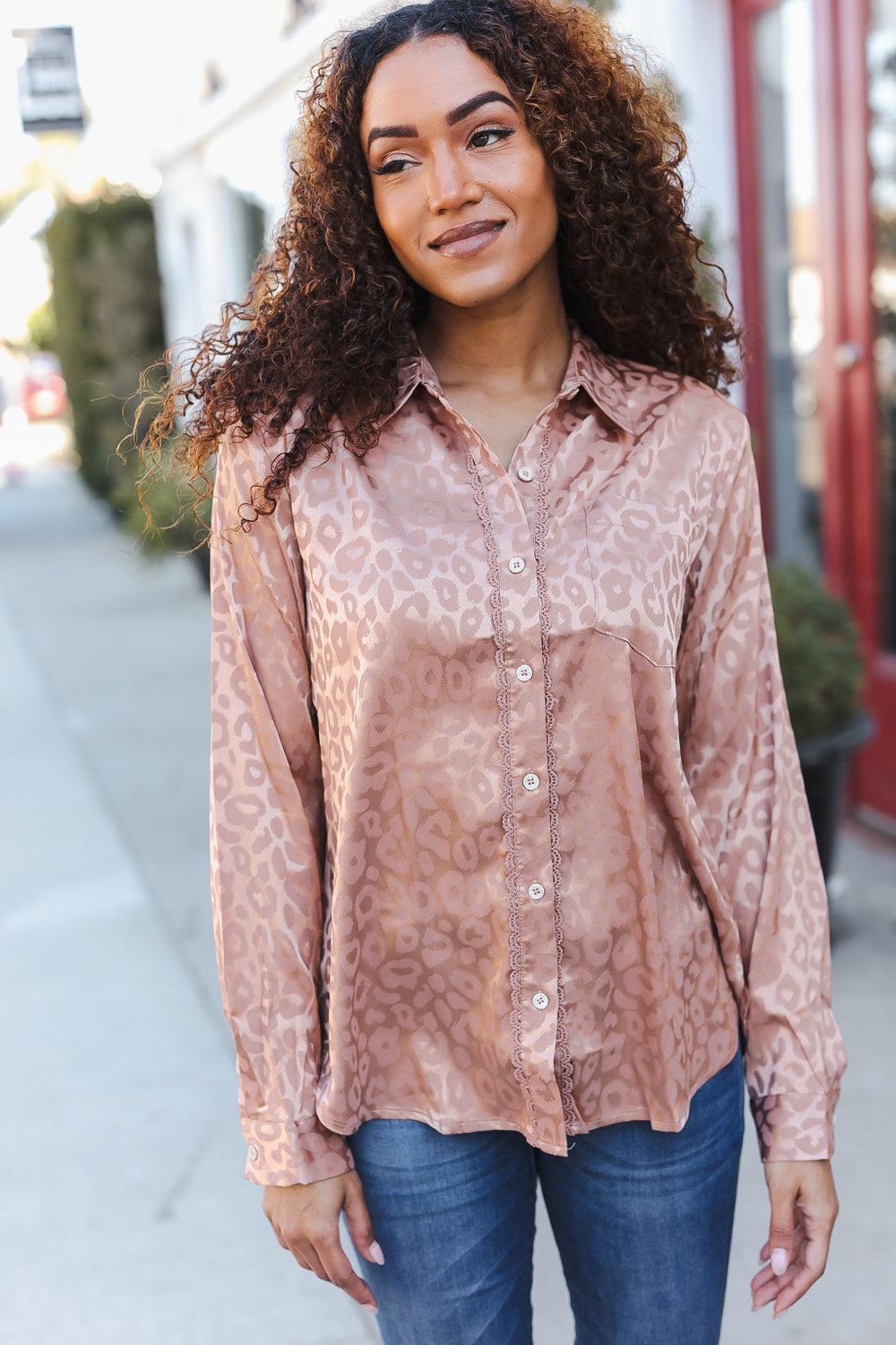 Diva Dreams Neude Animal Print Button Down Lace Shirt Top