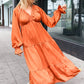 Elegant Rust Elastic V Neck Tiered Satin Maxi Dress