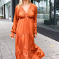 Elegant Rust Elastic V Neck Tiered Satin Maxi Dress