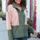 Holiday Vibes Taupe/Green Fleece Zip Up Cinched Hem Pullover