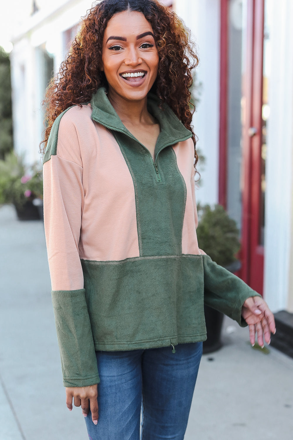 Holiday Vibes Taupe/Green Fleece Zip Up Cinched Hem Pullover