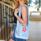 Sky Blue Floral Crochet Tote Bag