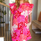 True Love Pink & Red Floral Smocked Ruffle Sleeve Dress