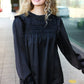 Be Your Best Black Satin Shirred Yoke Frilled Mock Neck Top