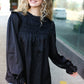 Be Your Best Black Satin Shirred Yoke Frilled Mock Neck Top