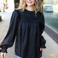 Be Your Best Black Satin Shirred Yoke Frilled Mock Neck Top