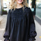 Be Your Best Black Satin Shirred Yoke Frilled Mock Neck Top