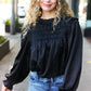 Be Your Best Black Satin Shirred Yoke Frilled Mock Neck Top