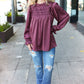 Be Your Best Wine Satin Shirred Yoke Frilled Mock Neck Top