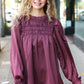 Be Your Best Wine Satin Shirred Yoke Frilled Mock Neck Top