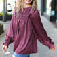 Be Your Best Wine Satin Shirred Yoke Frilled Mock Neck Top