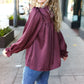 Be Your Best Wine Satin Shirred Yoke Frilled Mock Neck Top