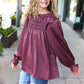 Be Your Best Wine Satin Shirred Yoke Frilled Mock Neck Top