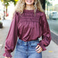 Be Your Best Wine Satin Shirred Yoke Frilled Mock Neck Top